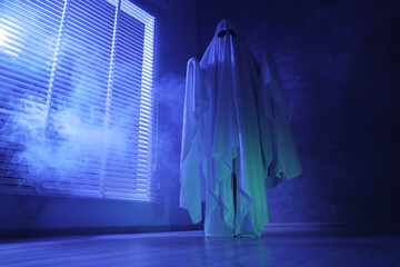 Creepy ghost. Woman covered with sheet near window in blue light, low angle view