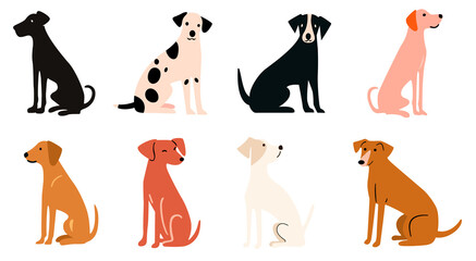 Funny sitting dogs flat illustrations set. Cartoon dogs of different breeds isolated on a transparent background © Maxim Filitov