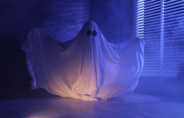 Creepy ghost. Woman covered with sheet near window in blue light