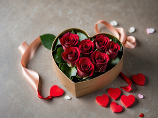 heart-shaped gift box filled with luxurious Valentine chocolates surrounded by delicate, tender roses