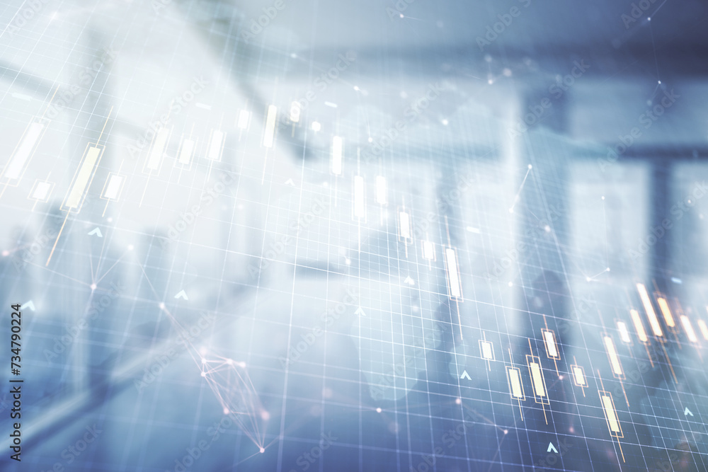 Poster multi exposure of virtual abstract financial chart hologram and world map on empty modern office bac