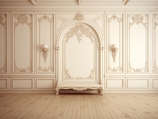 Classic beige empty white interior with blank wall with moldings and wood floor. Ai generated.