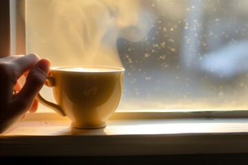 Naklejka na ściany i meble coffee cup on windowsill with rising steam, hand reaching for it