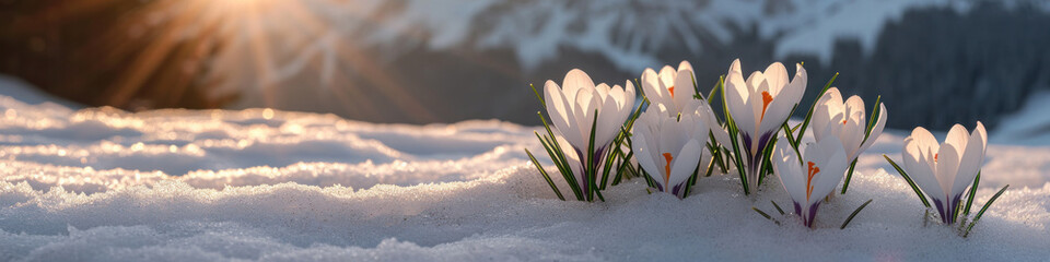 Beautiful snowdrop flower among the snow. Snowdrop forest. Magnificent view of snowdrop formation.