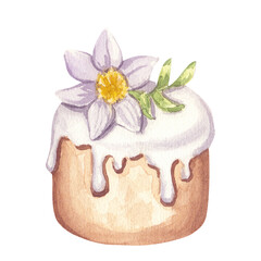 Happy Easter 2024 clipart. Easter cake bread Kulich with white glaze, narcissus flower and green foliage. Egg hunt. Hand-drawn watercolor illustration isolated background.