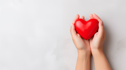 Woman's hands holding red heart on grey background. Valentine's day, health care, world heart day, world health day.