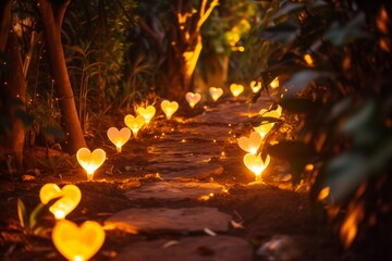 heartshaped led lights as a pathway in a garden