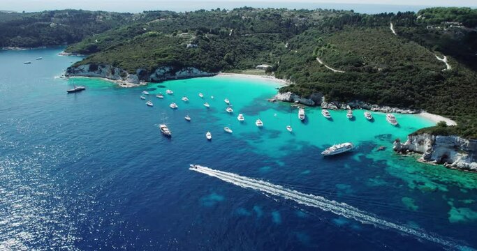 Tropical paradise beaches of Voutoumi and Vrika with turquoise clear sea, Antipaxos island, Ionian, Greece, Aerial drone bird's eye view