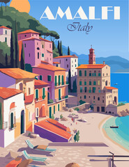 Travel Destination Poster in retro style. Amalfi Coast Italy print. European summer vacation, international tourism, holidays concept. Vintage vector colorful illustration.
