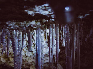 Ice stalagmites inside an abandoned mine in Golubino, in Arkhangelsk, Russia.