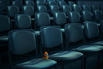 Naklejka premium rows of chairs with a lone childs toy forgotten on a seat