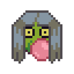 Obraz premium Emoticon pixel art face with pink gum ball and long hair, funny smiley cartoon character 8-bit style. Isolated abstract vector illustration.
