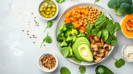 healthy vegan lunch bowl with Avocado, mushrooms, broccoli, spinach, chickpeas, pumpkin on a light...