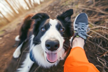 jogger pausing for selfie with border collie, running shoes visible