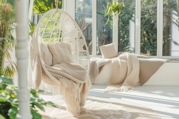bright conservatory with hanging chair and plush throws