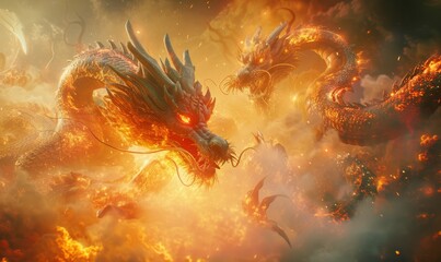Fire dragon, Fantasy animal, Chinese god background, copy space, Generative Ai