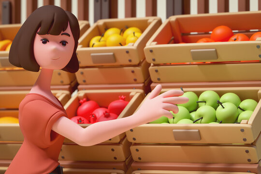 Bright portrait of cute kawaii colorful asian brunette girl choosing fruits with her hand at street market. Wooden boxes, yellow apples, bananas, oranges, red pomegranates. 3d render in pastel colors.