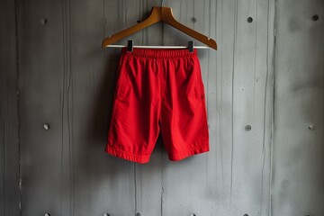 red shorts on hanger, grey concrete wall behind