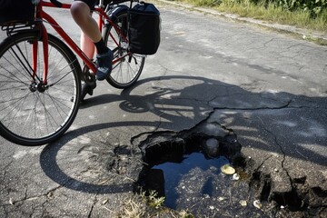 cyclist stopping before a sinkhole on a bike path