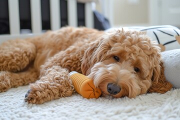 goldendoodle resting on a white rug with a hot water bottle