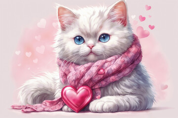 White kitten with blue eyes and a pink scarf around its neck. He holds a pink heart in his paws.