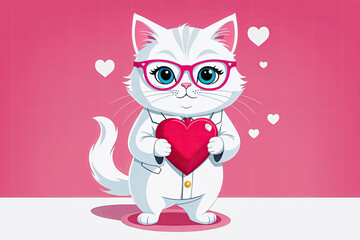 Cartoon cat dressed in a suit , wearing heart-shaped glasses, and holding a heart. Background is pink.