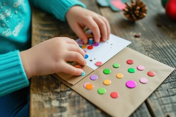 child pressing colorful stickers onto a handmade greeting card