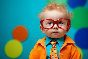 Adorable Genius: Curly-Haired Toddler with Red Glasses on Bright Background