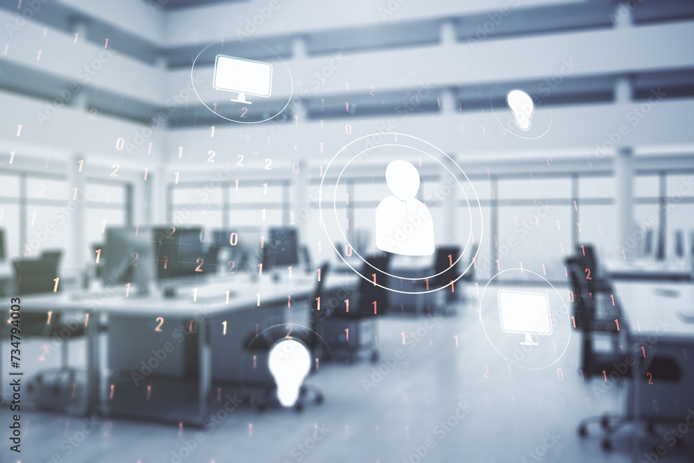 Poster abstract virtual social network hologram on a modern furnished classroom background. double exposure