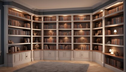 Obraz premium Classic white wood bookshelves on 3/4 walls of the room, arches, curved, spotlights on every single shelf
