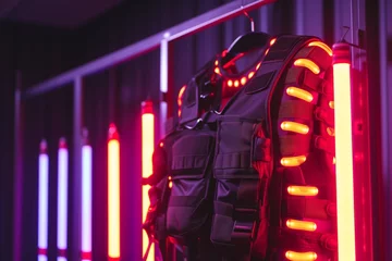 Foto op Canvas laser tag vest hanging on a rack with glowing lights © Alfazet Chronicles
