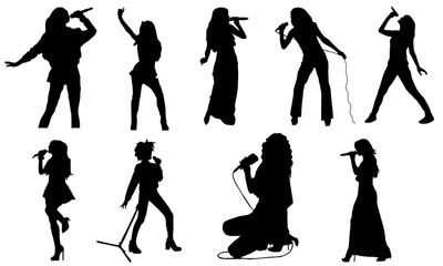 Woman singer silhouette, woman singing on mic, Singer singing silhouette, vocalist singing to microphone - obrazy, fototapety, plakaty