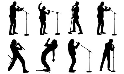 Silhouettes of a male singer performing with different enthusiastic gestures - obrazy, fototapety, plakaty
