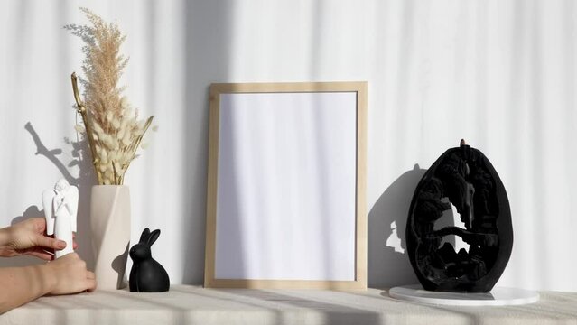 Video photo frame mockup with beige vase and dry flowers