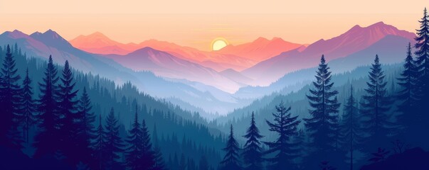 Digital Arts, Drawing landscape forest mountains nature adventure travel background Illustration of...