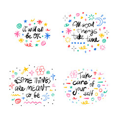 Motivational, inspirational message sayings collection. Hand drawn lettering phrase, quote. Vector illustration card design. Modern freehand style illustration with doodles