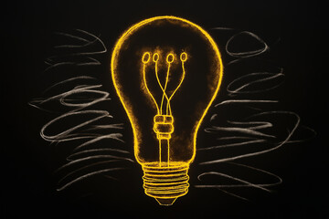 Yellow glowing hand drawn light bulb on black background.