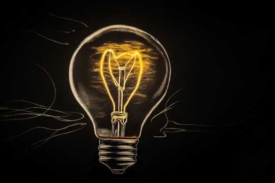 Yellow glowing hand drawn light bulb on black background.