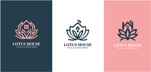 Creative simple Artistic Lotus Flower with house logo design set illustration