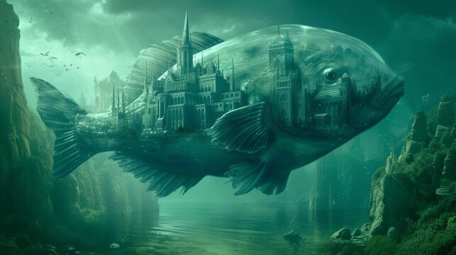 Fantastical depiction of Atlantis, nestled within the clear body of a majestic fish, fantasy concept, Generative AI © SOLO PLAYER