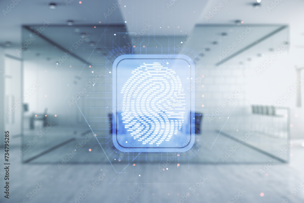 Poster Multi exposure of virtual fingerprint scan interface on a modern furnished office interior background, digital access concept