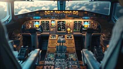 View from the pilot cockpit during the flight. empty cockpit concept - obrazy, fototapety, plakaty