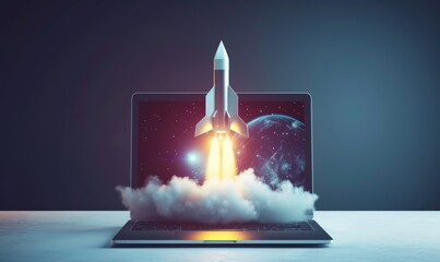 Launching Space Rocket From Laptop Screen, on white background, Generative AI