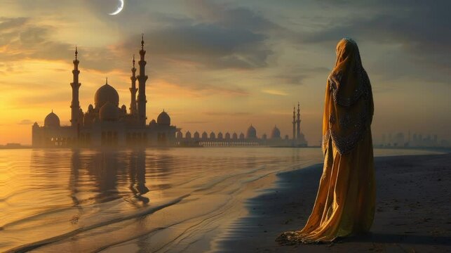 beautyfull muslim women wear golden kaftan islam dress in the beach with shilhouette of big mosque in the morning sky loop sea water