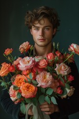 Romantic Gesture: Man Holding Bouquet of Roses