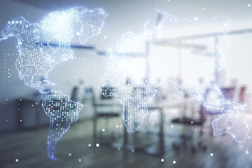 Double exposure of abstract digital world map hologram on a modern furnished office interior...
