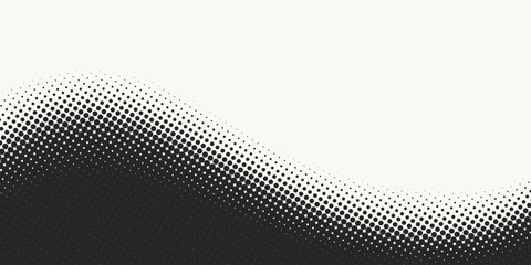 Abstract simple flat black and white halftone circles wavy texture consists of different dots isolated on white background. Geometric vector shape elements pattern for presentation design or banner - obrazy, fototapety, plakaty