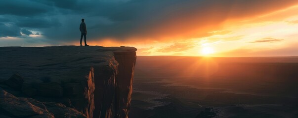 Man standing on top of cliff at sunset, adventure travel, inspiring motivation and vision concept, banner with copy space, Generative AI