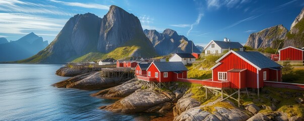 Landscape of village, Moskenes, on the Lofoten in northern Norway. Norwegian fishing village, Generative AI - obrazy, fototapety, plakaty