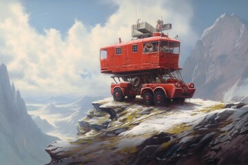 A crimson vehicle perched on a lofty mountaintop. 3. Generative AI